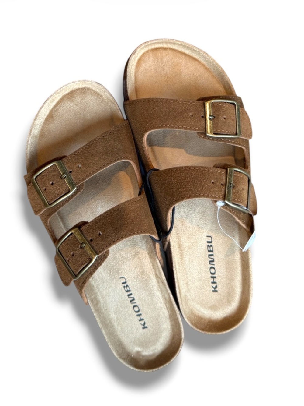 Khombu Brown Suede Double-Buckle Slide Sandals with Gold Buckles